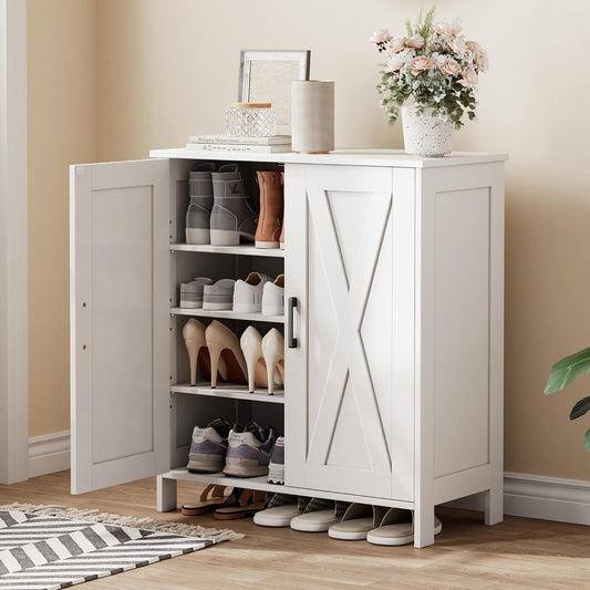 Farmhouse Shoe Cabinet with 2 Barn Doors & Wood Legs | Tall 4-Tier Shoe Storage Cabinet, 3 Adjustable Shelves, Shoe Rack Organizer, for Entryway, Hallway, Closet, White
