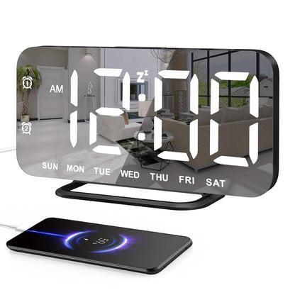 JALL Slim LED Digital Alarm Clock, Mirror Surface for Makeup, with Diming, Large Display, Easy Setting, USB Ports, Modern Decor for Bedroom, Desk, Idea for Women, Sister, College Girl, Black