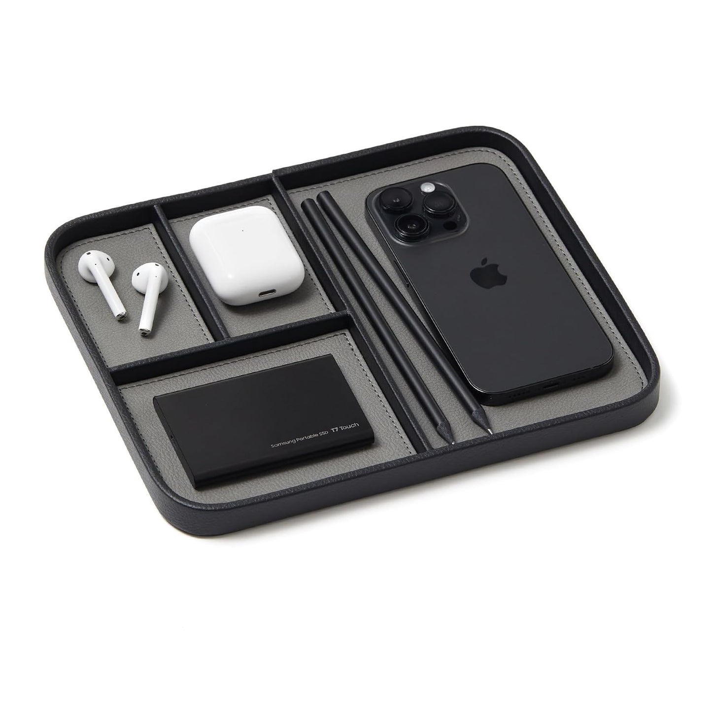 Nordik Leather Valet Tray - Medium EDC Tray - Pebble Black (9.5 x 7.9 in) | Premium Vegan Leather with Two-Toned Design, Includes Four Compartments, Giftable, Catchall Tray for Keys Watch and Jewellery