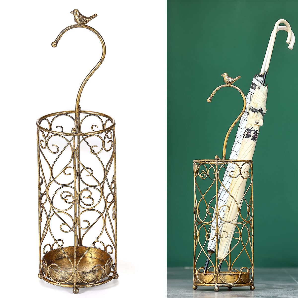Umbrella Rack Stand,Umbrella Rack for Entryway,Canes Walking Sticks,Cast Iron Bird Handle and Drip Tray (Antique Gold) | Place cat wands or pet toys,Cast Iron Bird Handle And Drip Tray (Antique Gold)