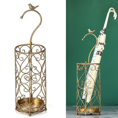 Umbrella Rack Stand,Umbrella Rack for Entryway,Canes Walking Sticks,Cast Iron Bird Handle and Drip Tray (Antique Gold) | Place cat wands or pet toys,Cast Iron Bird Handle And Drip Tray (Antique Gold)