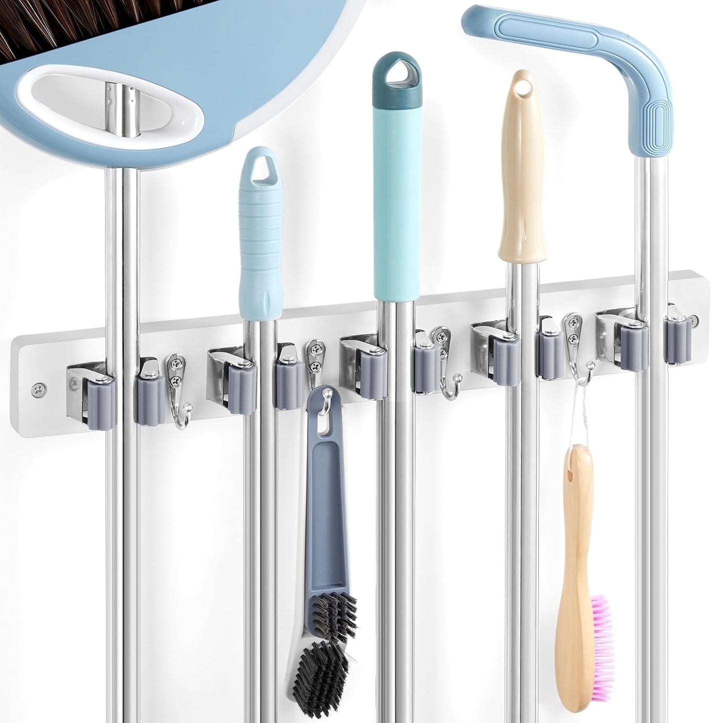 White Broom Holder Wall Mount - Heavy Duty Wood Mop and Broom Organizer with 5 Slots & 4 Hooks - Garden Tool Hanger for Laundry Room Closet Kitchen Garage Storage and Organization - Modern Home Decor
