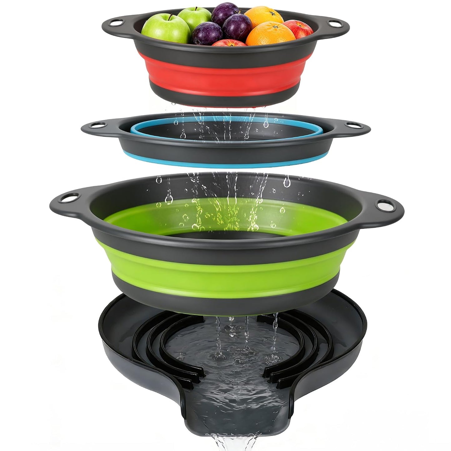 3-Pack Collapsible Colander for Kitchen with Self-Draining Base Foldable Strainers Set Round Silicone Food Drainer for Pasta Fruits and Vegetables (3QT, 4QT and 5QT)