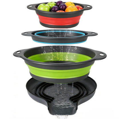 3-Pack Collapsible Colander for Kitchen with Self-Draining Base Foldable Strainers Set Round Silicone Food Drainer for Pasta Fruits and Vegetables (3QT, 4QT and 5QT)