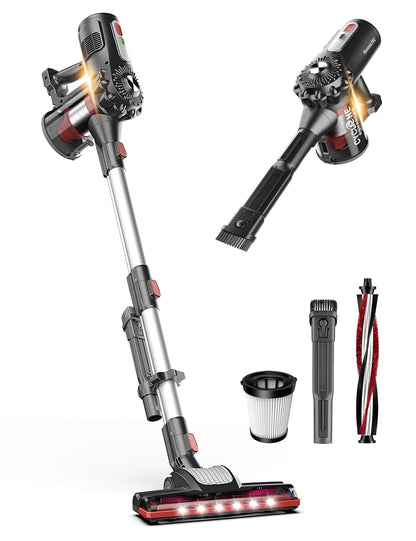 Roomie Tec Cordless Stick Vacuum Cleaner for Home, 2200mAh Battery | Up to 35 Min, High Suction Power, Lightweight, Self-Standing with LED Headlight, HEPA Filter - For Dorm Room, Floor and Cars.