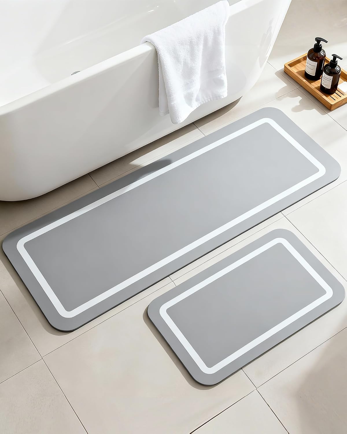 Soft Diatomaceous Earth Bath Mat, Quick Dry Bathroom Mats 2 Piece, Gray Super Absorbent Bath Mat Set, Washable Non Slip Bathroom Rugs, Stone Bath Mats Alternative, 15.74" x 23.62" Plus 15.74" x 47.2"
