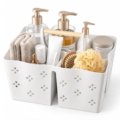 GVY Plastic Shower Caddy Portable, Large Capacity Shower Basket with Handle, Divided Bathroom Toiletry Organizer, Quick-Drain Shower Caddy for College Dorm Beach Kitchen Essentials, White.