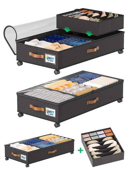 Under Bed Storage with Wheels, Under the Bed Storage Containers Lids | 2-Pack 58L & 1-Pack 15L Box, Organizer Bins Rolling Underbed Storage for Clothes, Underwear, Socks, Shoes