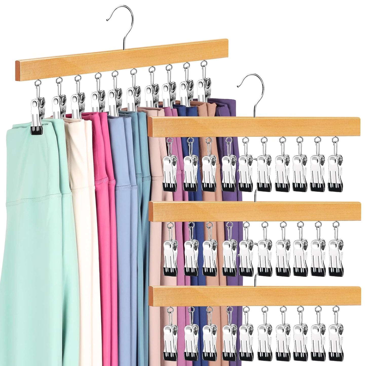 Legging Organizer for Closet, Pants Hangers with Clips Holds 20 Leggings, Jeans, Hats, Shorts, Socks, 360° Rotating Space Saving Hanging Clothes Organizer for Closet Organizers and Storage 4Pcs Wood