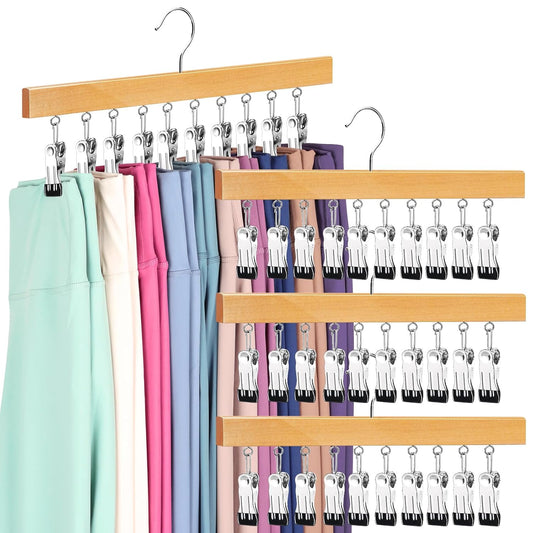 Legging Organizer for Closet, Pants Hangers with Clips Holds 20 Leggings, Jeans, Hats, Shorts, Socks, 360° Rotating Space Saving Hanging Clothes Organizer for Closet Organizers and Storage 4Pcs Wood