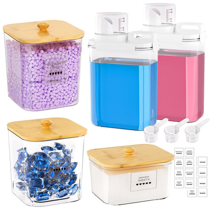 Homde Clear Laundry Detergent Dispenser: Reusable 3+2 Pack with Lids | Pods Container for Dryer Balls - Plastic Sheets Holder Set for Scent Booster