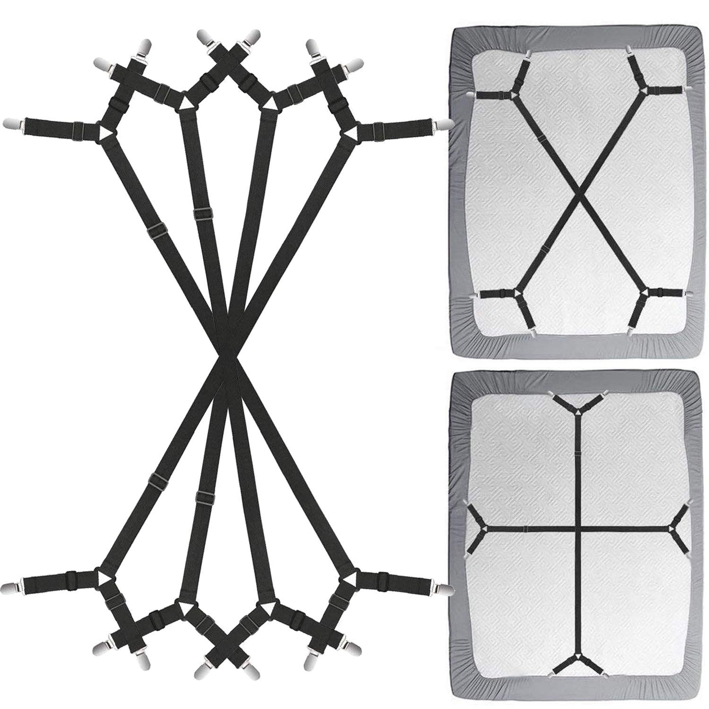Bed Sheet Clip Straps - 2 Way Adjustable Crisscross Sheet Corner Holder Straps Gripper Elastic Sheet Band Mattress Straps Fasten Suspenders(2 Set/4Pcs, Black)