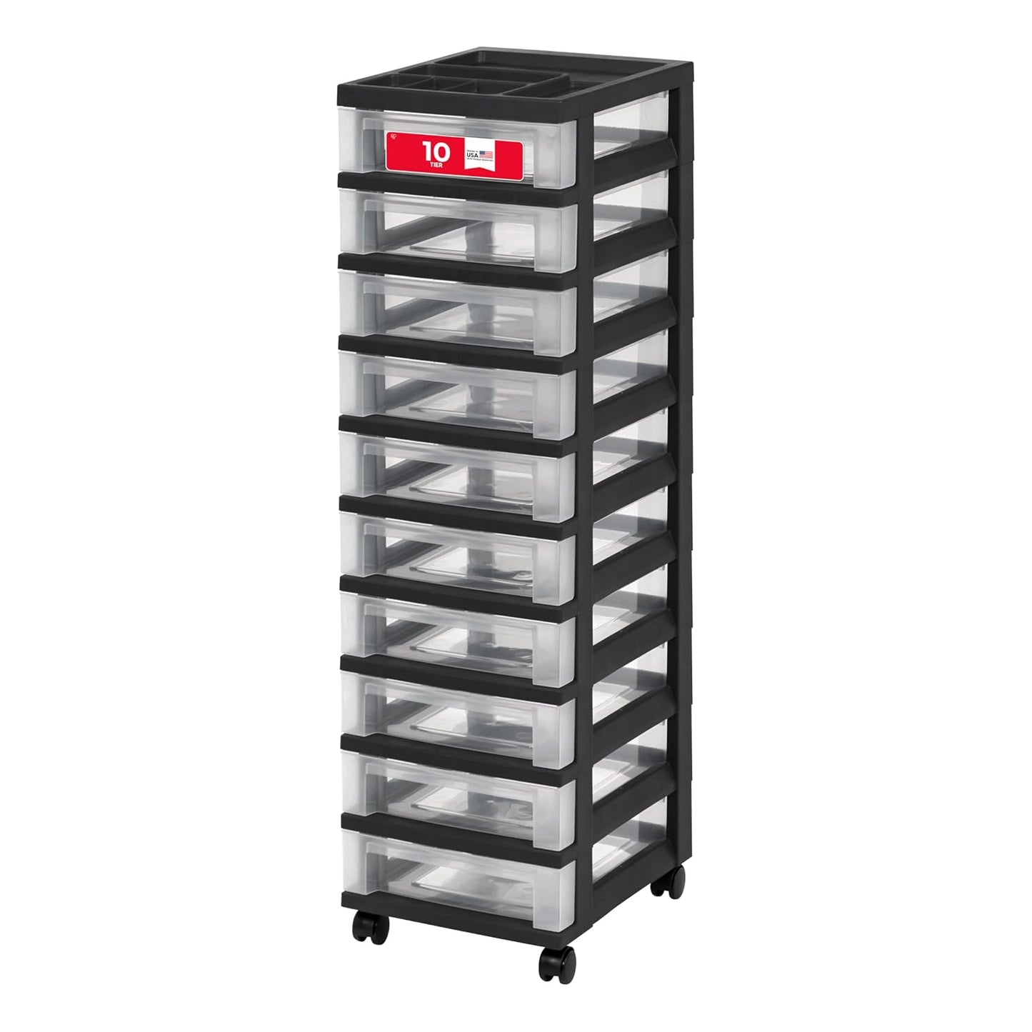 IRIS USA 10-Drawer Rolling Storage Cart, Black/Clear | Keep craft supplies, office essentials, classroom items, and accessories organized with easy-access drawers for daily use