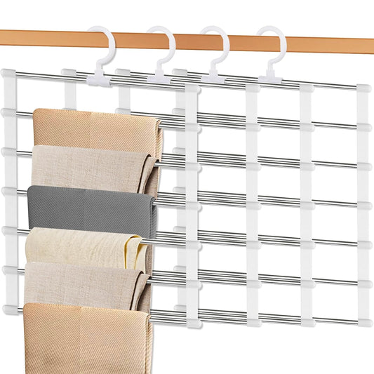 4 Pack Pants Hangers Space Saving, Portable Travel Pants Hanger, 7 Layers Multiple Metal Legging Clothes Hanger, Travel Hangers Essential Accessories for Pants Jeans Skirts Scarf Legging