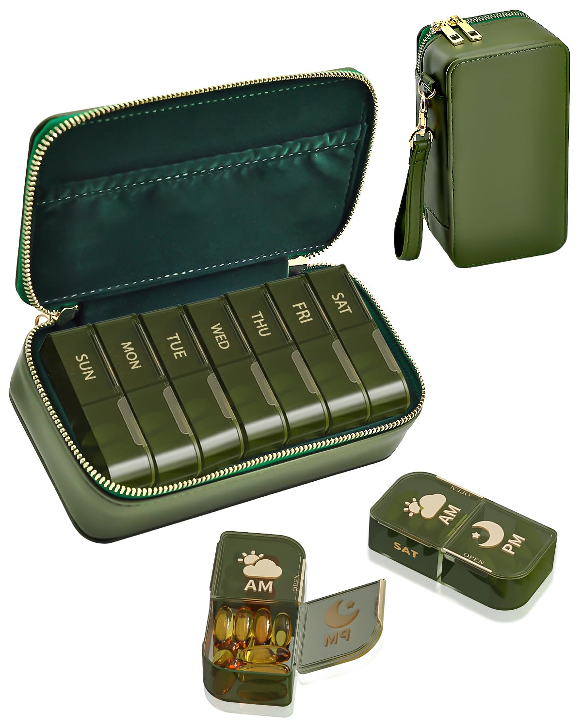 Travel Pill Organizer AM PM, Weekly Pill Case with Portable Zippered Pouch & Wrist Strap, 7 Day 14 Compartments Medicine Box for Vitamins, Supplements, BPA-Free, Gift for Women & Seniors