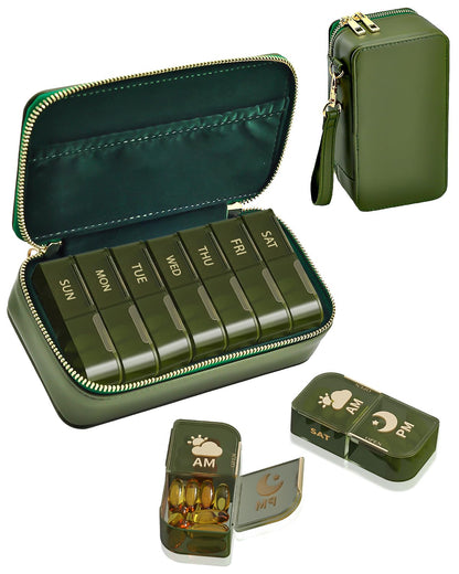Travel Pill Organizer AM PM, Weekly Pill Case with Portable Zippered Pouch & Wrist Strap, 7 Day 14 Compartments Medicine Box for Vitamins, Supplements, BPA-Free, Gift for Women & Seniors