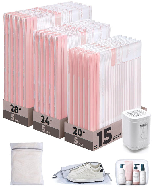 Travel Vacuum Bags with Rechargeable Electric Pump... (18 Count | Pink)