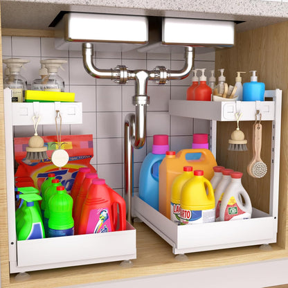 Under Sink Organizer Bathroom Kitchen: 2 Pack 2 Ti... (cream white | Carbon Steel)
