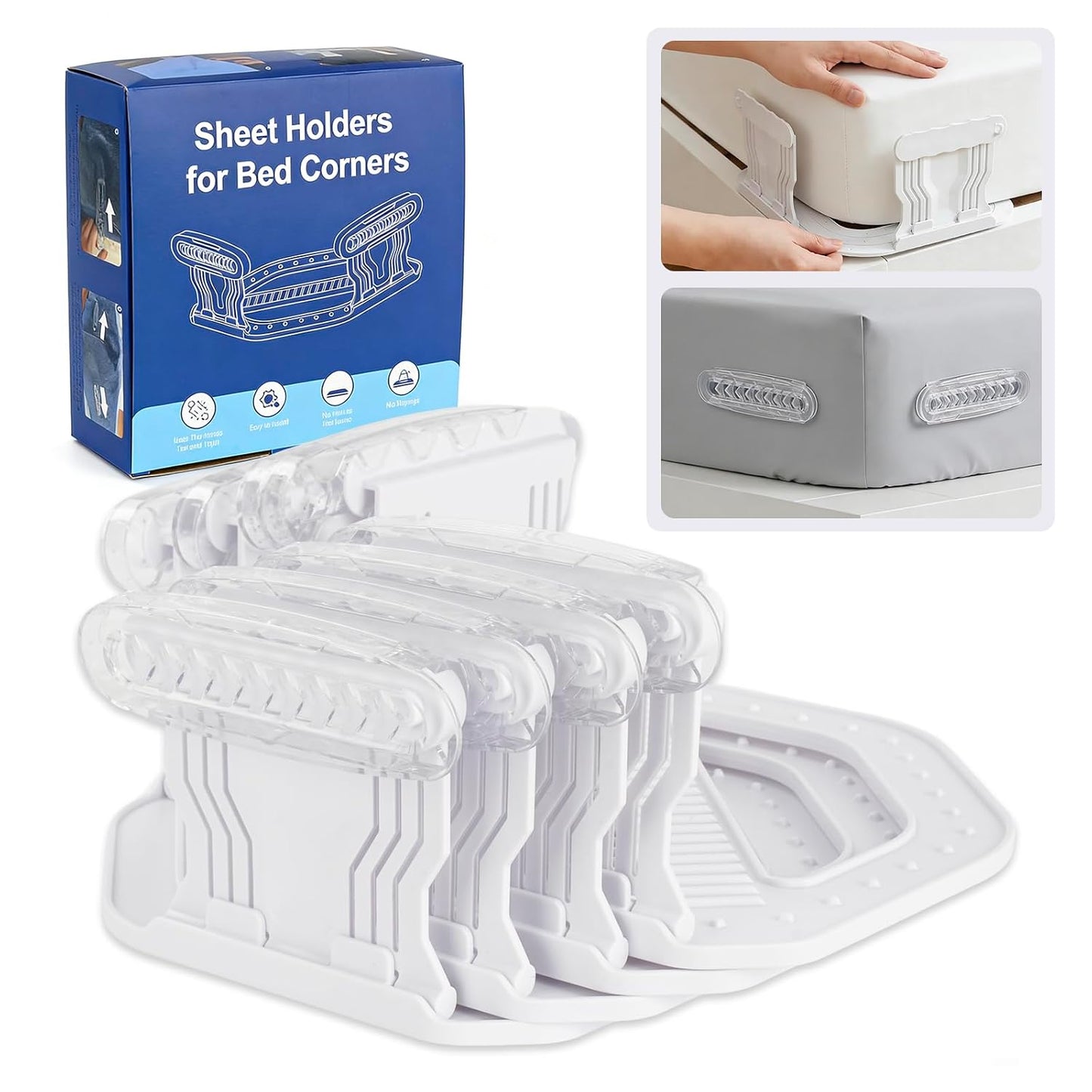 Bed Sheet Holder for Corners, 4PCS Bed Sheets Secure Corners Gripper, White | Secure Bed Sheet Lock, Fit All Sheet Sizes, Durable ABS, Mattress Sheet Fasteners, Non-Slip Design, Easy Installation