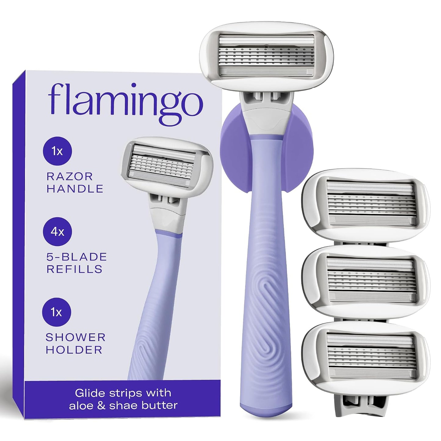 Flamingo Shaving Razor Set for Women - Original Razor Handle, 4 Blade Refills, and Shower Holder - Lilac