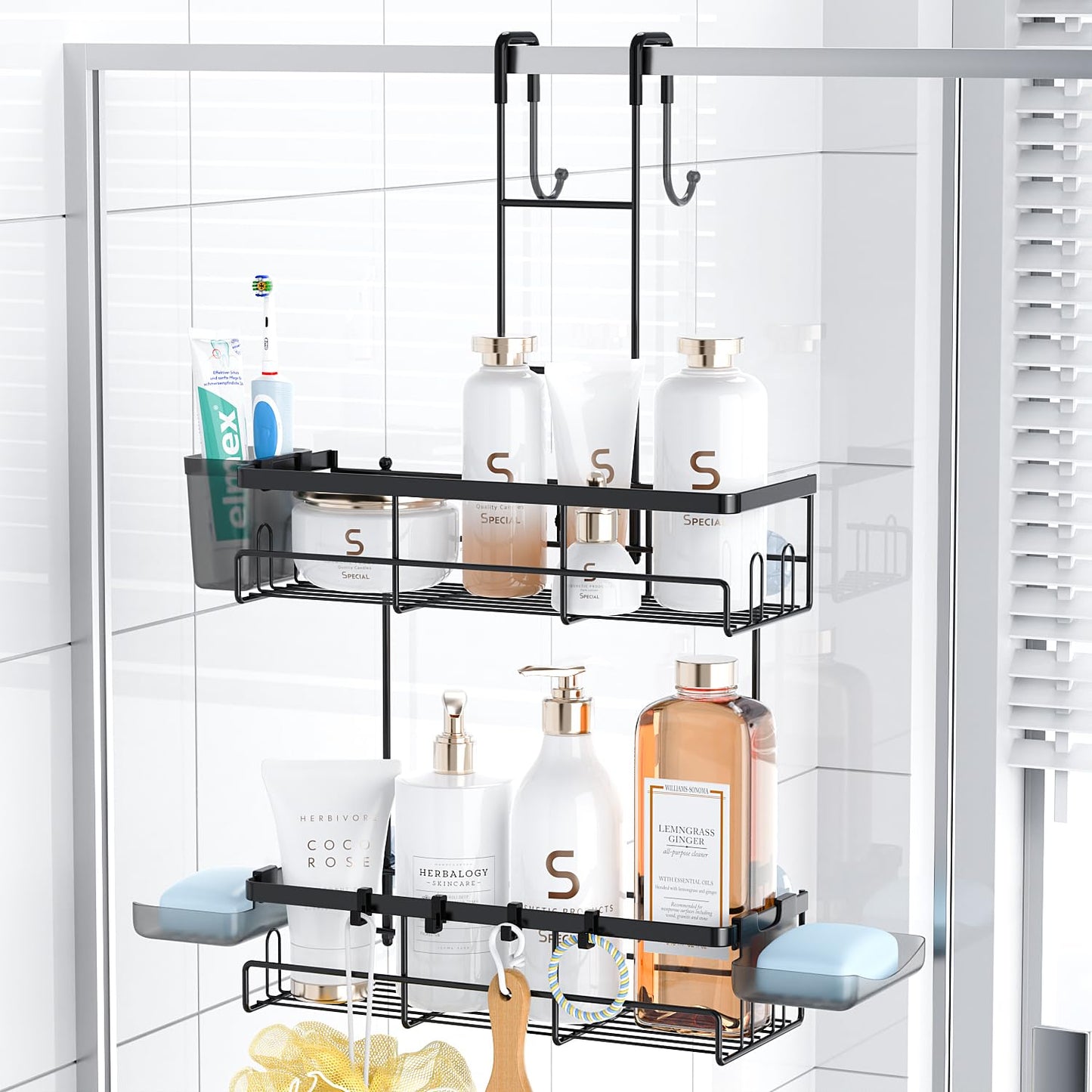 Over the Door Shower Caddy Hanging: Rustproof Shower Door Organizer | Shower Door Rack for Inside Shower, No Drilling Shower Storage Shelf with Hooks, Soap & Toothbrush Holder