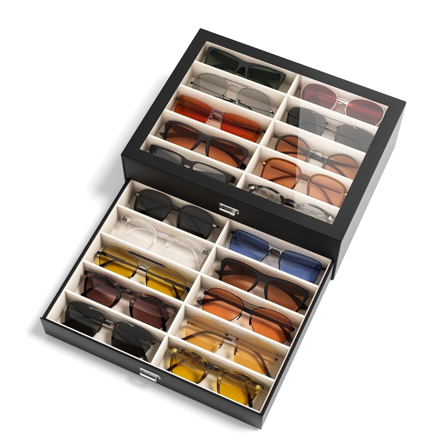 NEWLOOP Sunglass Drawer Storage Display Box for Multiple Pairs of Eyeglass | PVC Top Storage Box Women Men Jewelry Holder Leather Eyeglass Stand Eyewear Collection Case 2 Layer with 20 Slots Black