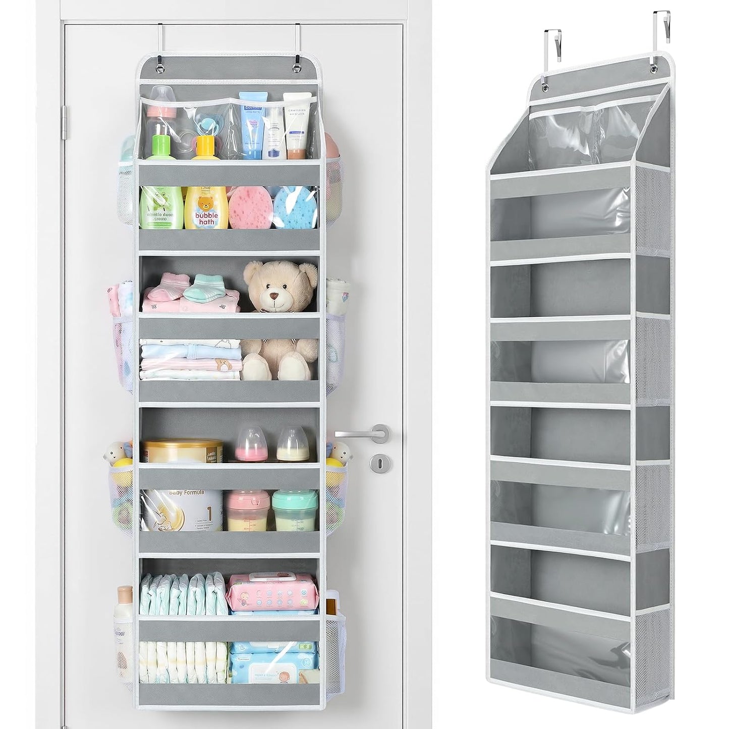 Yecaye 5 Tier Over the Door Organizer, Swing-proof Door Organizer Hanging with Clear PVC Windows, Behind the Door Storage for Bedroom Nursery Closet Laundry Pantry Bathroom, Grey