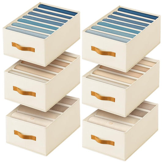 Clothes Organizers and Storage - 4/5/7 Grids Fabric Jeans Organizer with Handles, Foldable Closet Organizers Dividers, Wardrobe organizer for Pant, Sweater, T-shirt, Scarf, 6 Pack, Beige