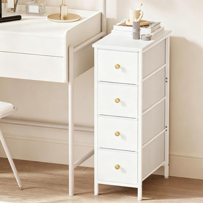 Fixwal Narrow Storage Cabinet, Small Dresser with 4 Drawers, Slim Fabric Nightstand for Small Spaces, White Dresser for Bathroom, Dorm, Bedroom, Laundry, Closet