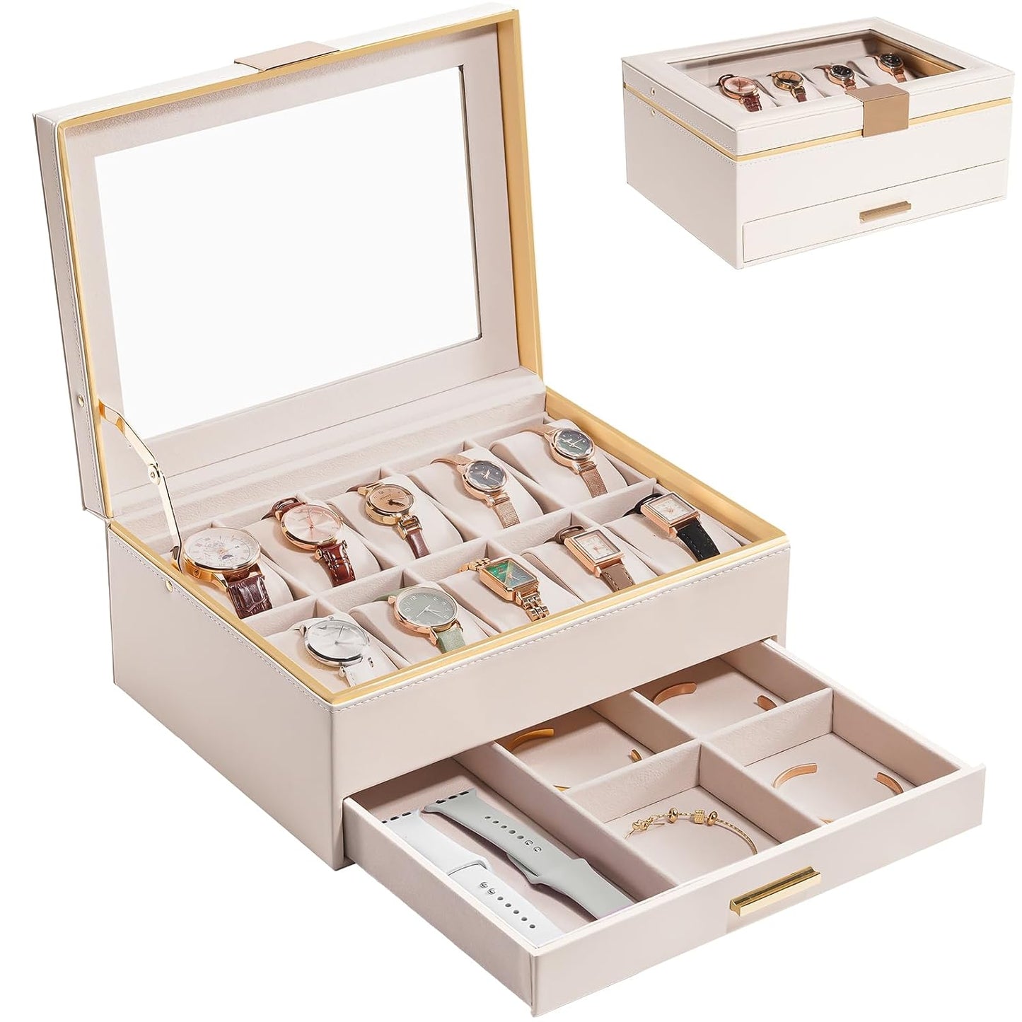 ProCase Watch Case for Women, Valentine Gifts, 10 Slot Watch Display Case with Drawer, 2-Layer Womens Watch Box, 10 Watch Box Organizer, Jewelry and Watch Holder Storage Case with Glass Lid -Beige