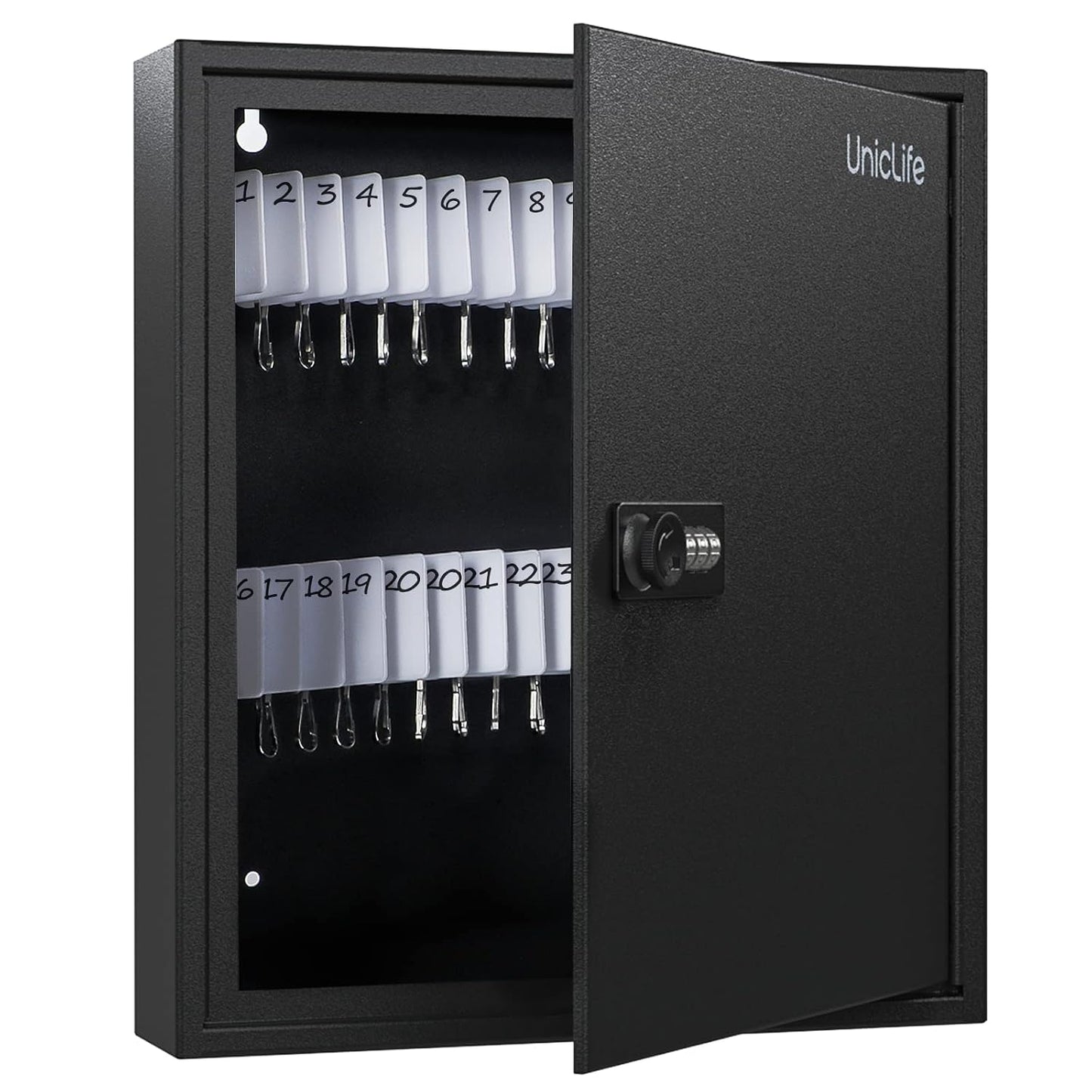 Uniclife 60 Position Slotted Key Cabinet with Combination Lock Resettable Black Digital Security Storage Box Steel Key Organizer with Slotted Racks White Key Tag Labels and Permanent Pen