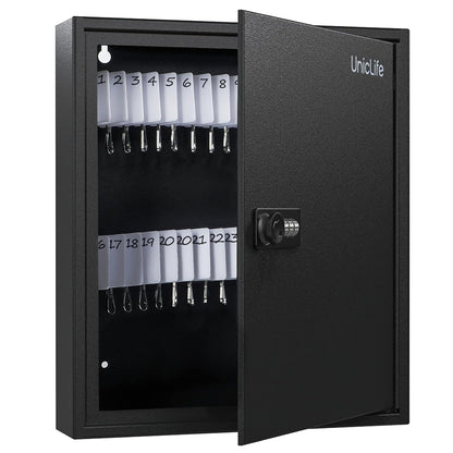 Uniclife 60 Position Slotted Key Cabinet with Combination Lock Resettable Black Digital Security Storage Box Steel Key Organizer with Slotted Racks White Key Tag Labels and Permanent Pen