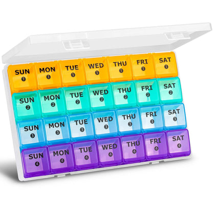 Mossime Monthly Pill Organizer 28 Day, Large 4 Week Medicine Dispenser | Food Grade PP, BPA Free, 3D Printed Labels, 8 Fish Oils per Slot, Drop-Proof Case, for Seniors & Travel