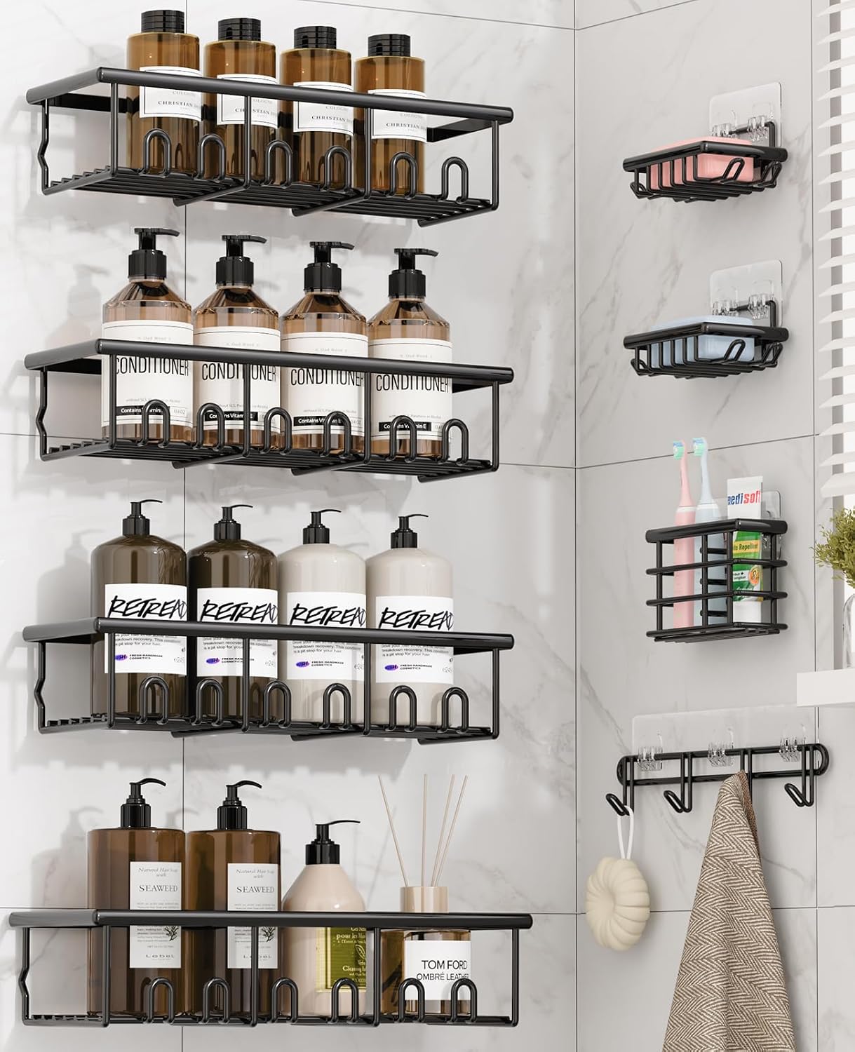 8 Pack Adhesive Rustproof Shower Caddy with Soap Dishes, Toothbrush Holder & Hooks, Large Capacity No-Drilling Shower Shelves Rack for Bathroom Organizers and Storage Accessories, Black