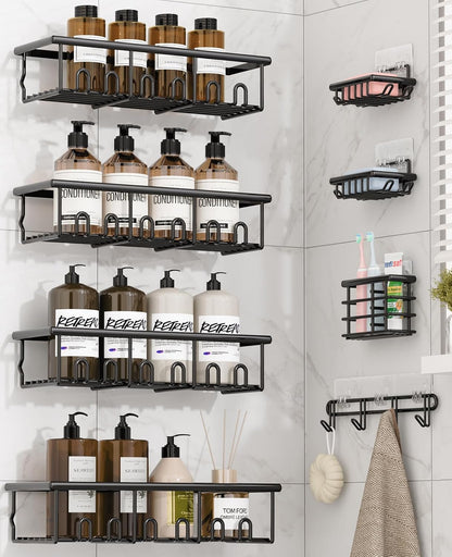 8 Pack Adhesive Rustproof Shower Caddy with Soap Dishes, Toothbrush Holder & Hooks, Large Capacity No-Drilling Shower Shelves Rack for Bathroom Organizers and Storage Accessories, Black