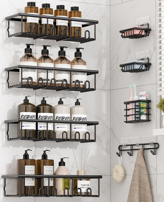 8 Pack Adhesive Rustproof Shower Caddy with Soap Dishes, Toothbrush Holder & Hooks, Large Capacity No-Drilling Shower Shelves Rack for Bathroom Organizers and Storage Accessories, Black