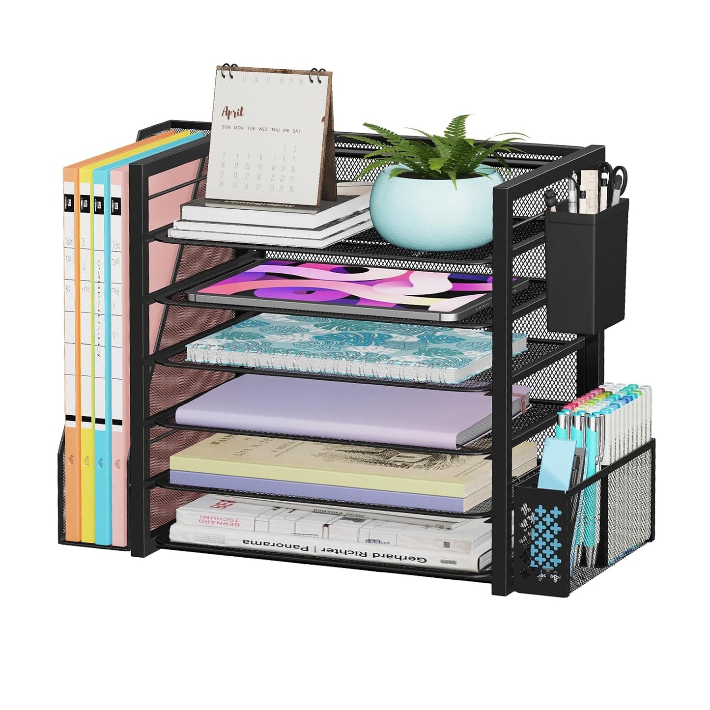 Simple Trending 6 Tier Metal Desk File Organizer with 2 Pen Holders, Black | 18"L x 9"W x 13"H, 6 Trays + Side file holder + 2 pen holders, sturdy metal frame, non-slip base, easy assembly, 24h support.