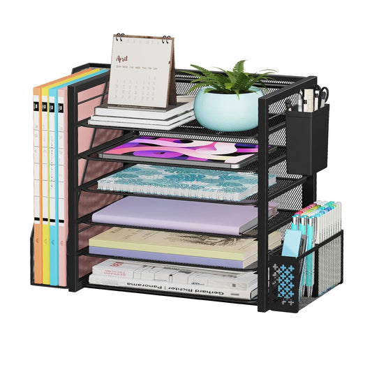 Simple Trending 6 Tier Metal Desk File Organizer with 2 Pen Holders, Black | 18"L x 9"W x 13"H, 6 Trays + Side file holder + 2 pen holders, sturdy metal frame, non-slip base, easy assembly, 24h support.