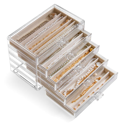 YUFONG Necklace Holder Organizer, Dustproof Necklace Box Velvet Necklace Organizer Box with Lid Clear Acrylic Dustproof Stackable Jewelry Displays for Necklaces Chain Display (Beige, 5 Drawer)