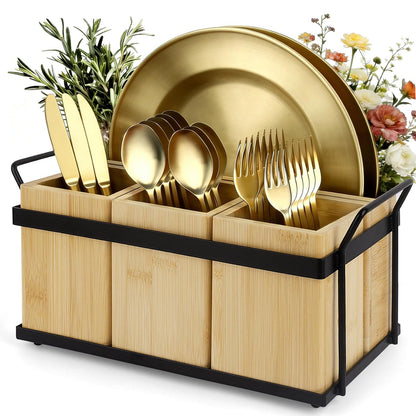 4-in-1 Detachable Silverware Caddy with Removable Dividers and Iron Base | Plate and Flatware Storage, Flexible Storage Layout, Portable Side Handles, Solid-Bottom Design, Easy Assembly and Cleaning