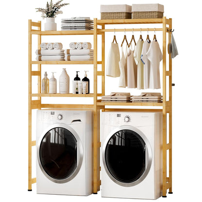 Cozivolife Over The Washer Dryer Storage Shelf: Bamboo 5 Tiers (Natural) | Laundry Room Drying Rack with Adjustable Shelves and 4 Hooks - Space Saver Organizer for Hanging Clothes and Towels