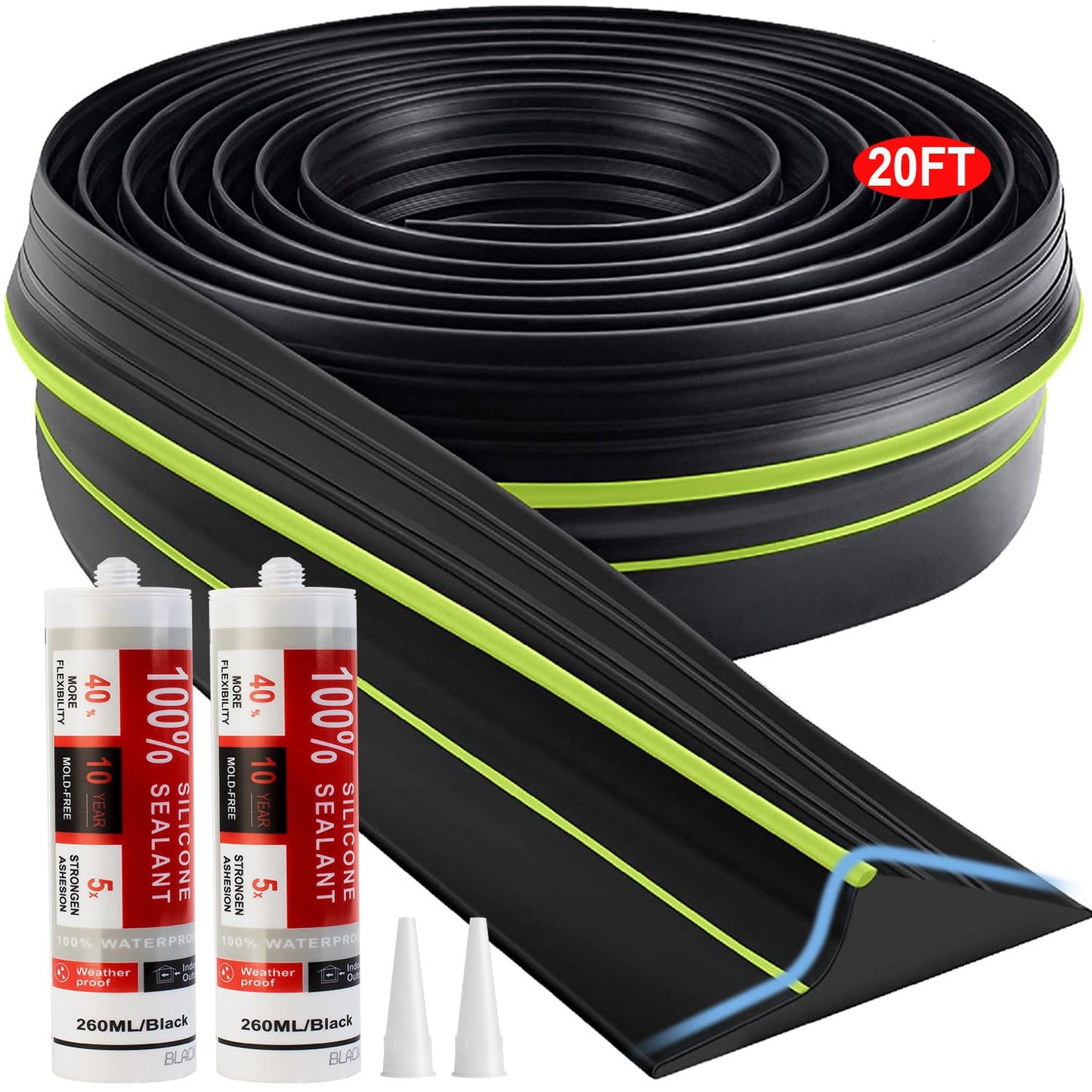 Jin&Bao Universal Garage Door Threshold Seal Strip 20FT Kit, Bottom Waterproof Rubber Weather Stripping Replacement（Green, 2 Adhesive）