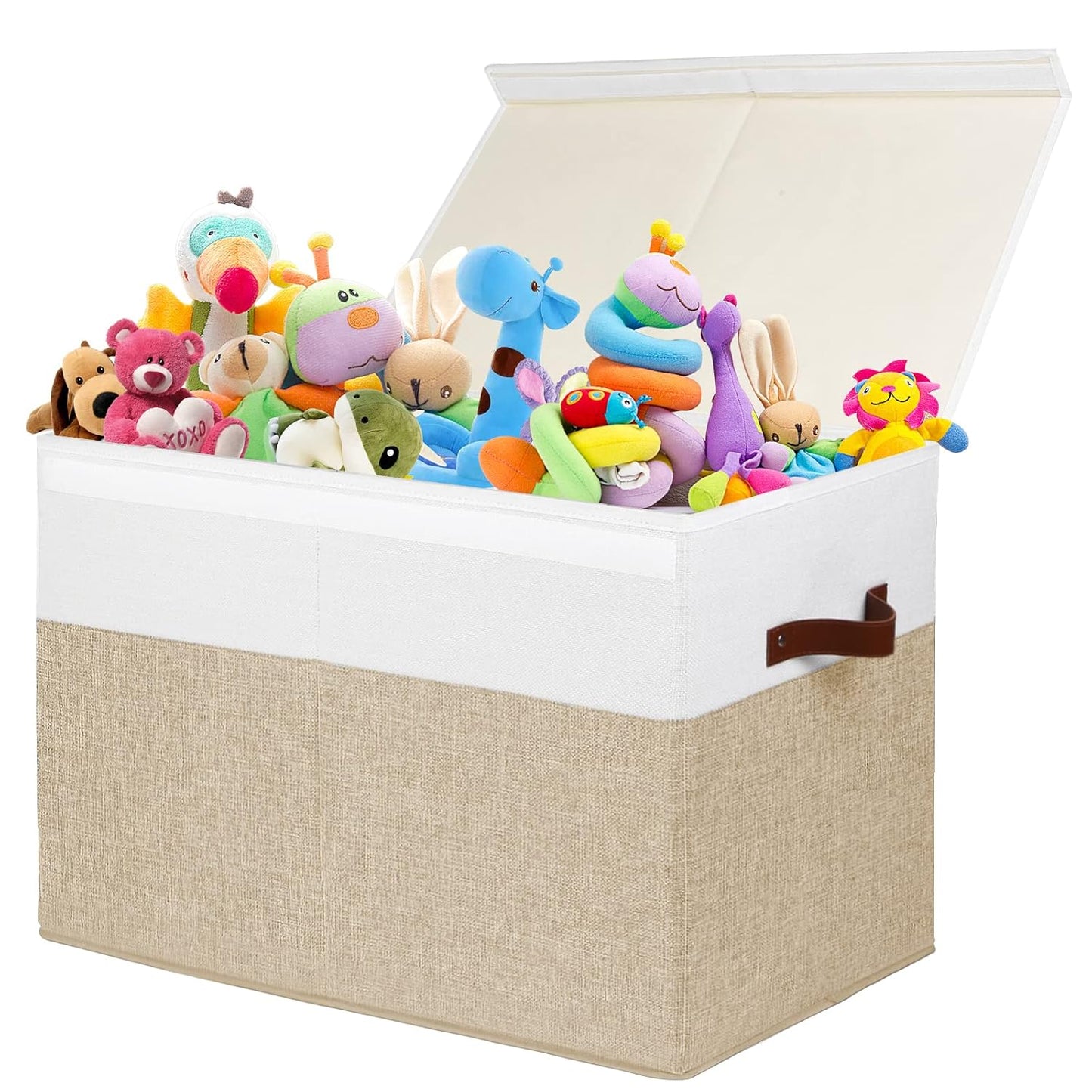 Large Toy Storage Box with Lid, Toy Chest Bin Boxes Basket with Dividers | Sturdy Toy Organizer Bin for Kids, Boys, Girls, Nursery, Living Room, Bedroom, Playroom 25"x13" x16" (Beige and White)
