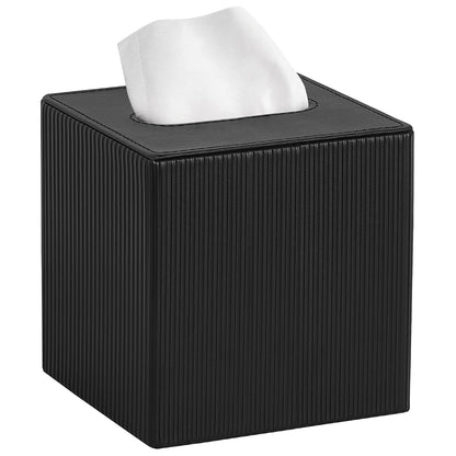 Mkono Tissue Box Cover, PU Leather Square Holder with Bottom, Black | Decorative Facial Cube Organizer, Vanity Dresser Countertop Tabletop, Bathroom Bedroom Office Nightstand, Home Decor Accent