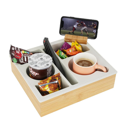 Couch Cup Holder Tray, Handy Silicone Bamboo Couch Caddy with Rotatable Phone Holder for Bed Car Seat Organizer, Waterproof Anti-Spill Sofa Cup Holder for Snacks Beverage Remote (White)