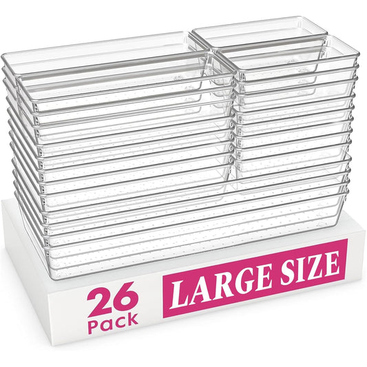 Large Drawer Organizer Bins 26 Pack | Complete 5 Size Clear Plastic Kitchen Drawer Organizers for Utensils | Bathroom Drawer Organizer Trays | Versatile for Makeup Office Organization