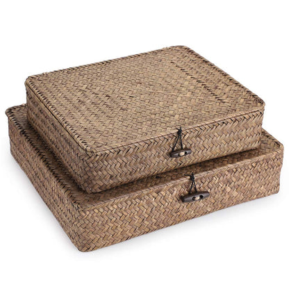 Hipiwe Set of 2 Flat Woven Wicker Storage Bins with Lid Seagrass Basket | Natural Decorative Baskets Multipurpose Home Boxes for Shelf Organizer Home Decor (Coffee)
