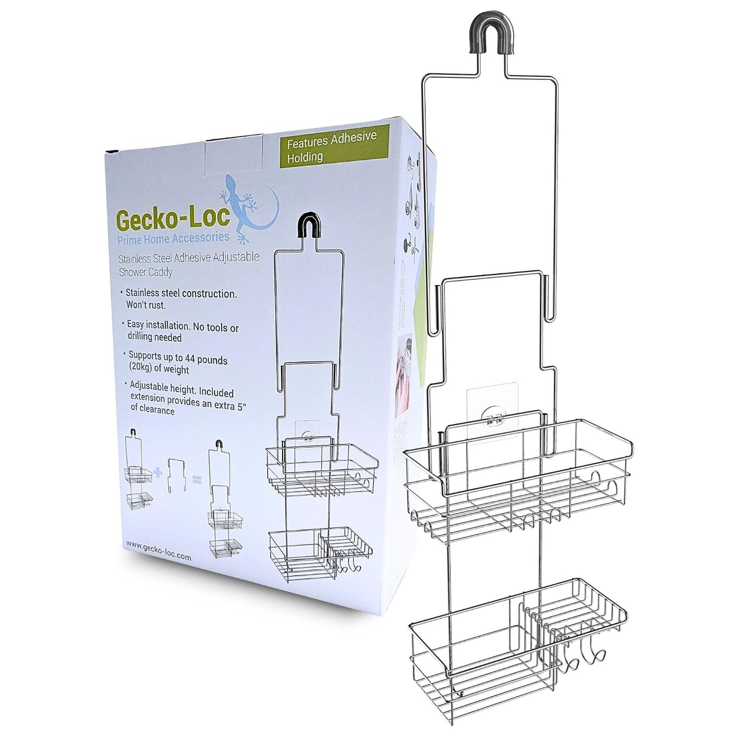 Extra-Long Adjustable Over-the-Showerhead Shower Caddy – Rustproof Stainless Steel Organizer with Suction Stabilizer, Deep Basket & Hooks – No-Drill, Tool-Free Installation (Silver)