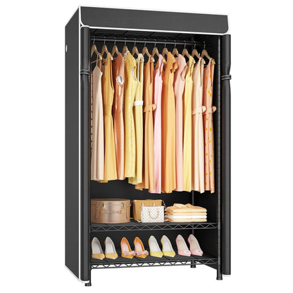 H5C Clothes Rack with Cover, Covered Clothing Rack Heavy Duty | Garment Rack with Shelves, 3-Tier Portable Closets for Hanging Clothes, Max Load 360LBS, Black Closet Racks with Black Cover