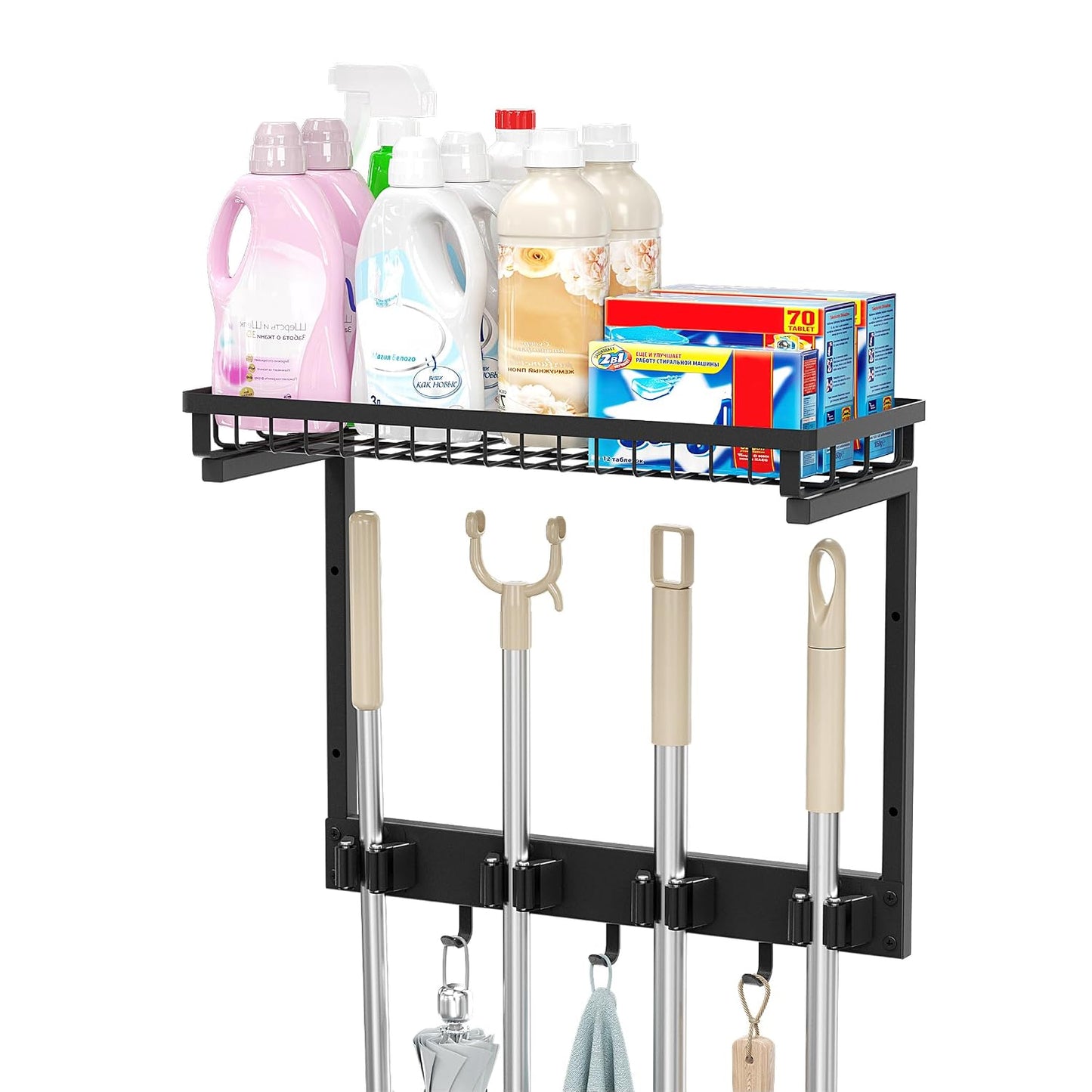 XLP Heavy Duty Broom Holder Wall Mount, All-Metal Cleaning Supplies Organizer & Mop Holder, Space Saving Wall Hanging Rack with Hooks for Home, Garage, Laundry Room - Black